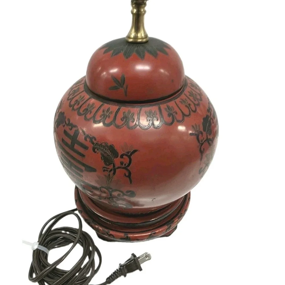 Beautiful‎ Chinese Red Lacquer Jar Table Lamp w Shade and Finial 21
